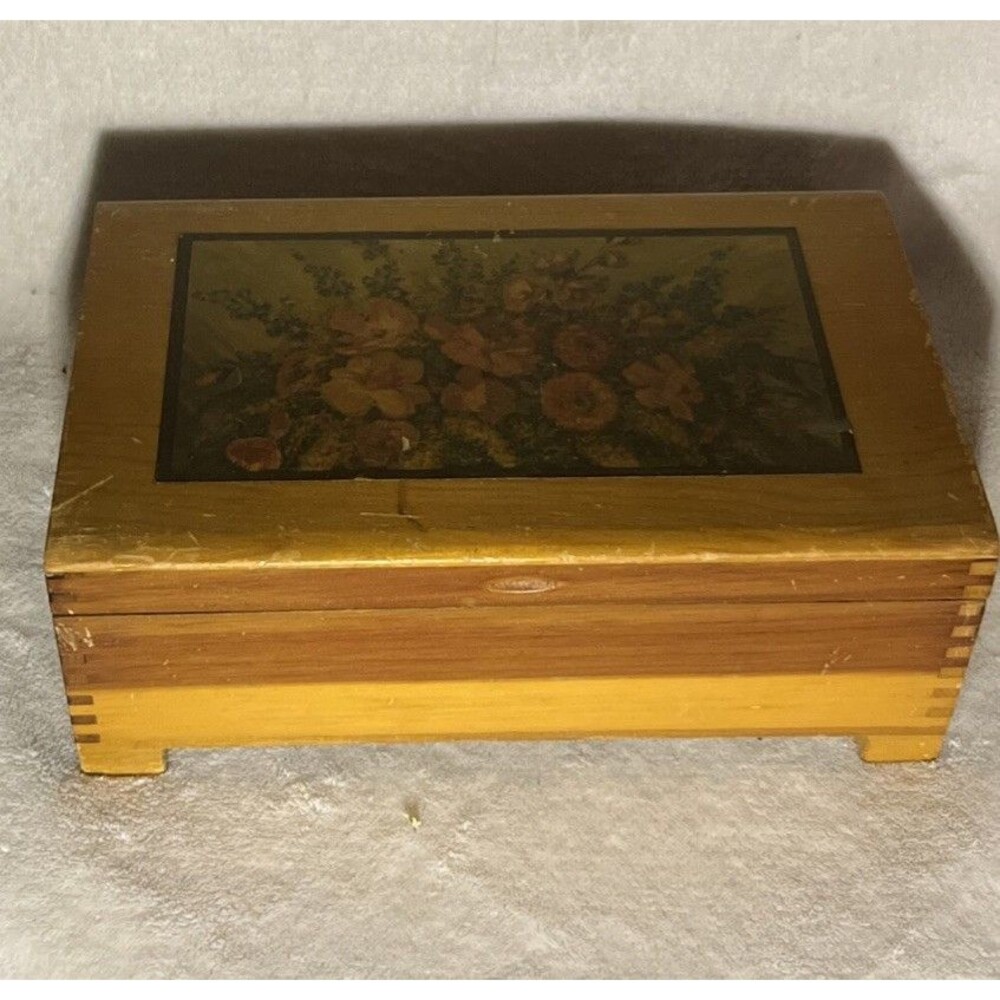 Vintage Wooden Jewelry Box Floral Scenery Decoupage Footed Dovetailed